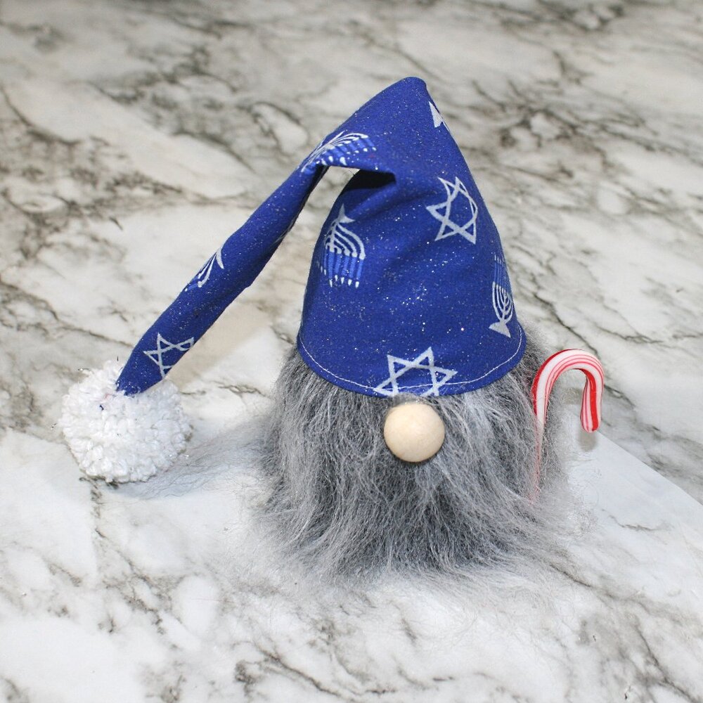 HAND CRAFTED Gnome Hanukkah Air Freshener Cover - Blue Stars Menorahs Gray